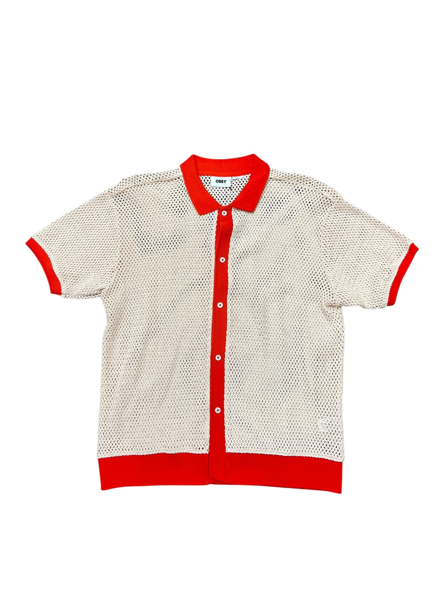 OBEY Pink Mesh Knit w/Orange Trim Button Up Shirt Size S