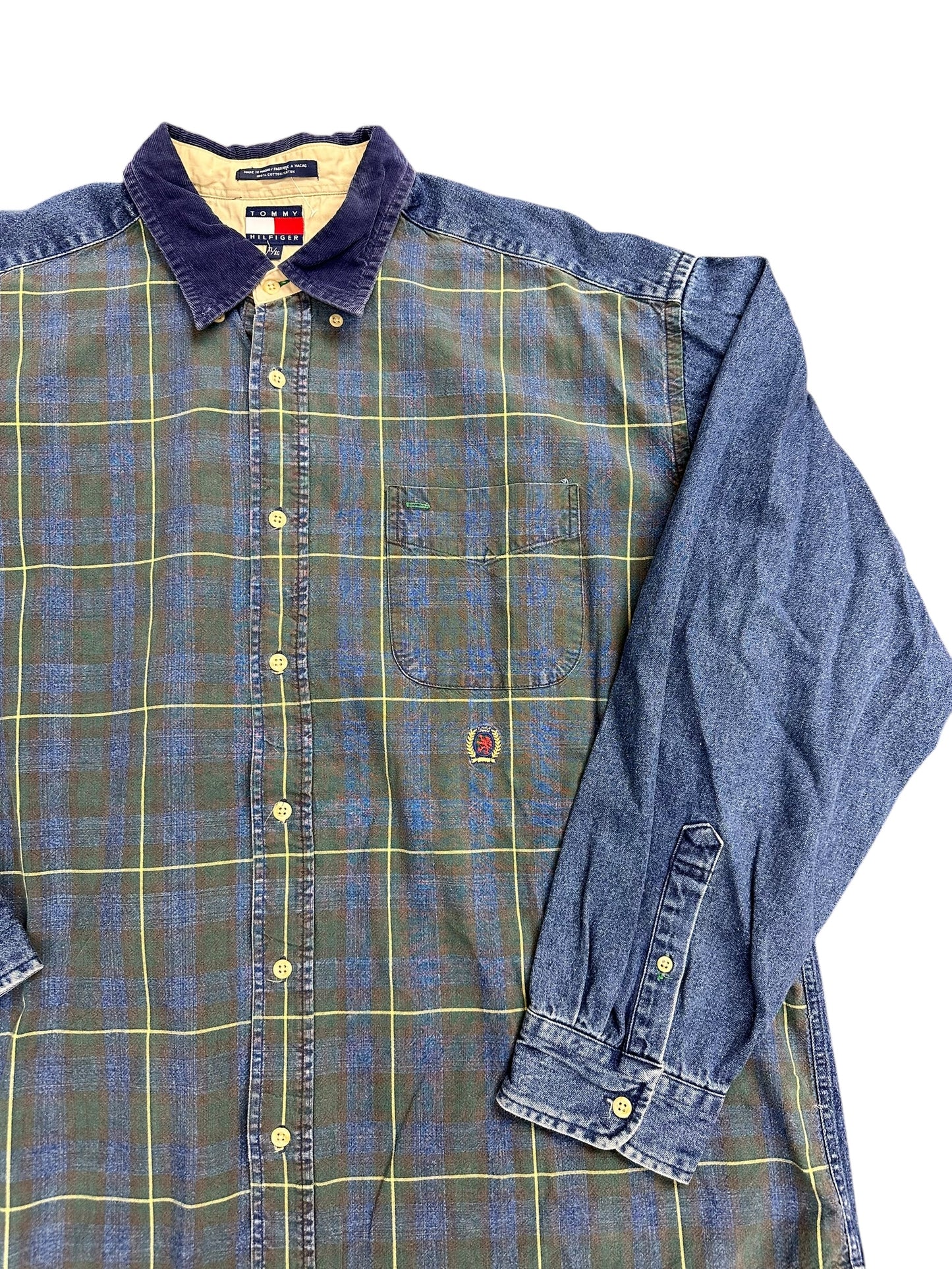 Vintage Tommy Hilfiger Plaid Green Crest Corduroy Button Down Long Sleeve Size XL