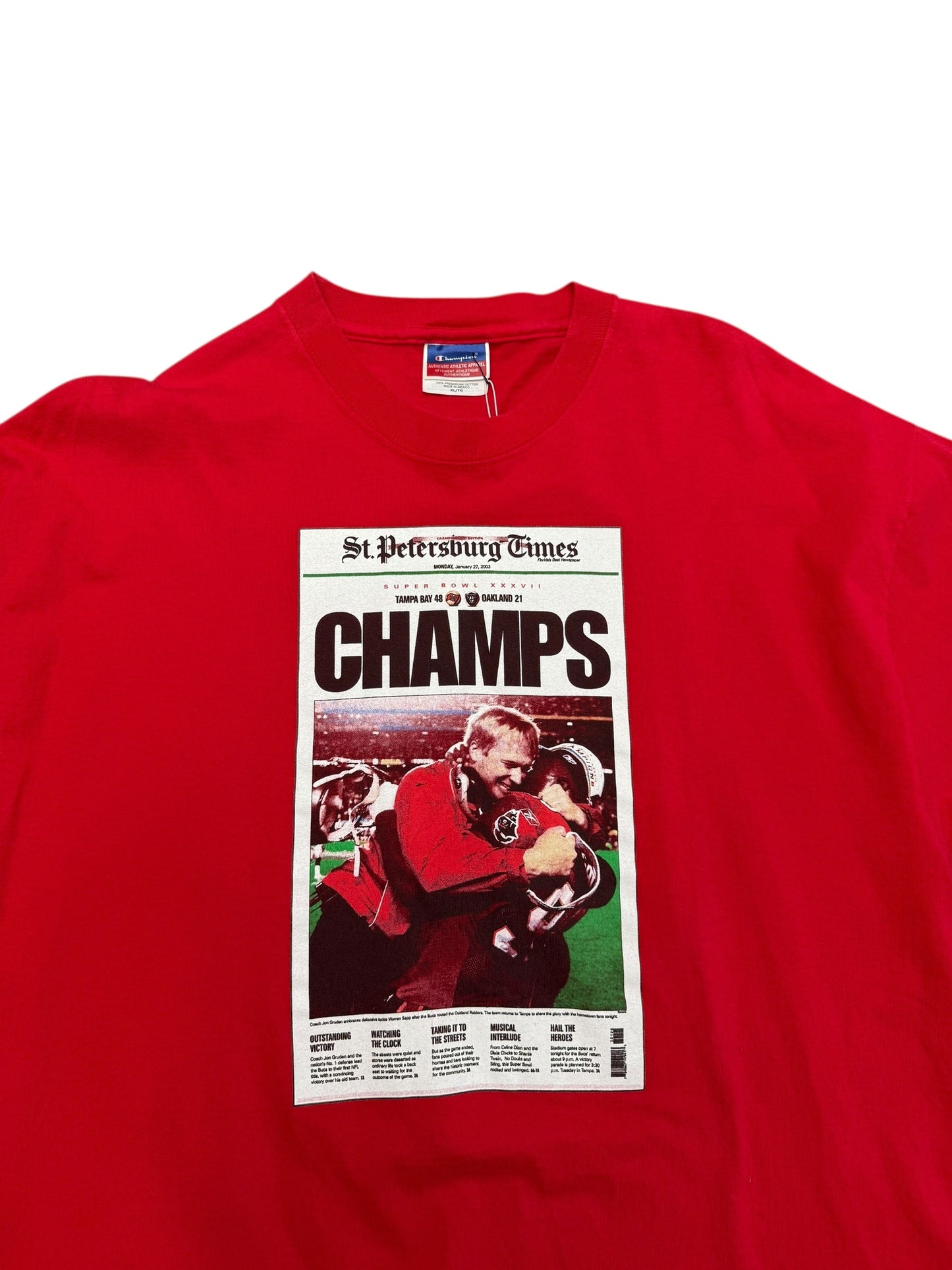 Vintage 2003 TB Buccaneers Jon Gruden Newspaper Graphic Print Tee Size XL