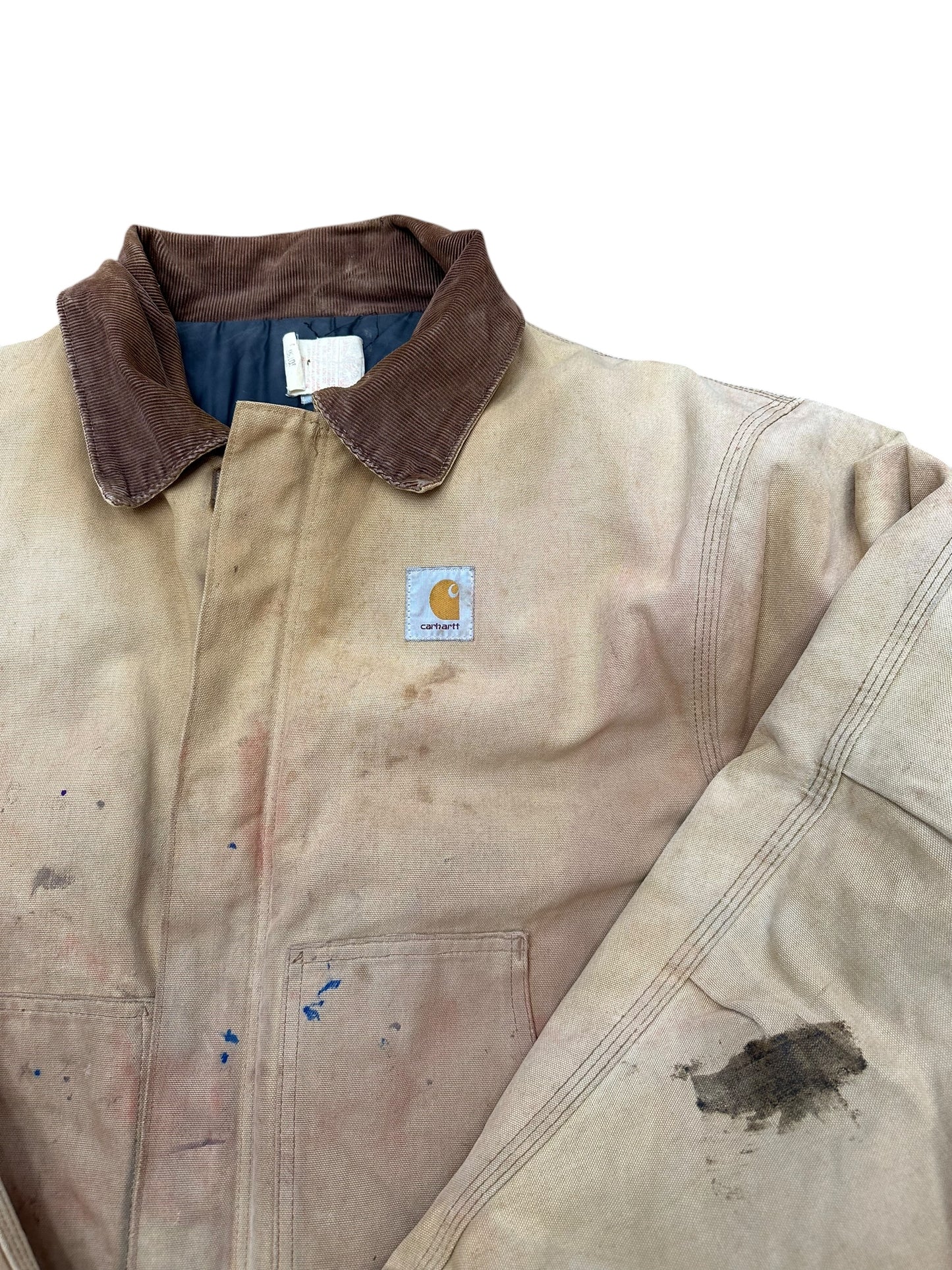 Carhartt Heavily Distressed Khaki Full Zip Corduroy Collared Full Zip Jacket Size L/XL