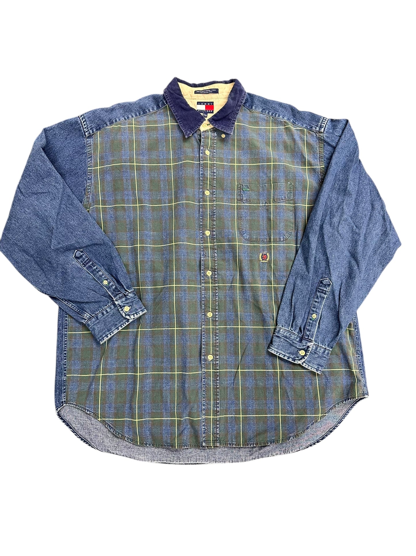 Vintage Tommy Hilfiger Plaid Green Crest Corduroy Button Down Long Sleeve Size XL
