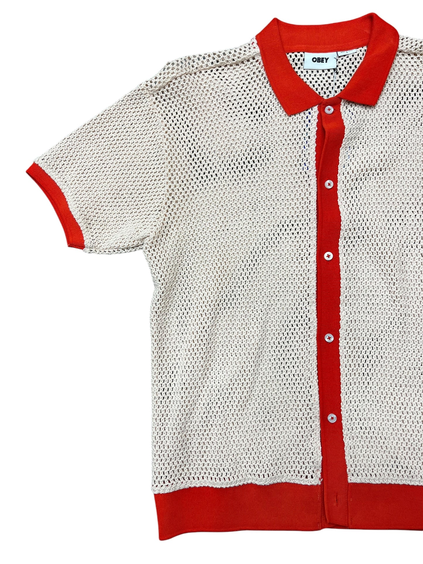 OBEY Pink Mesh Knit w/Orange Trim Button Up Shirt Size S