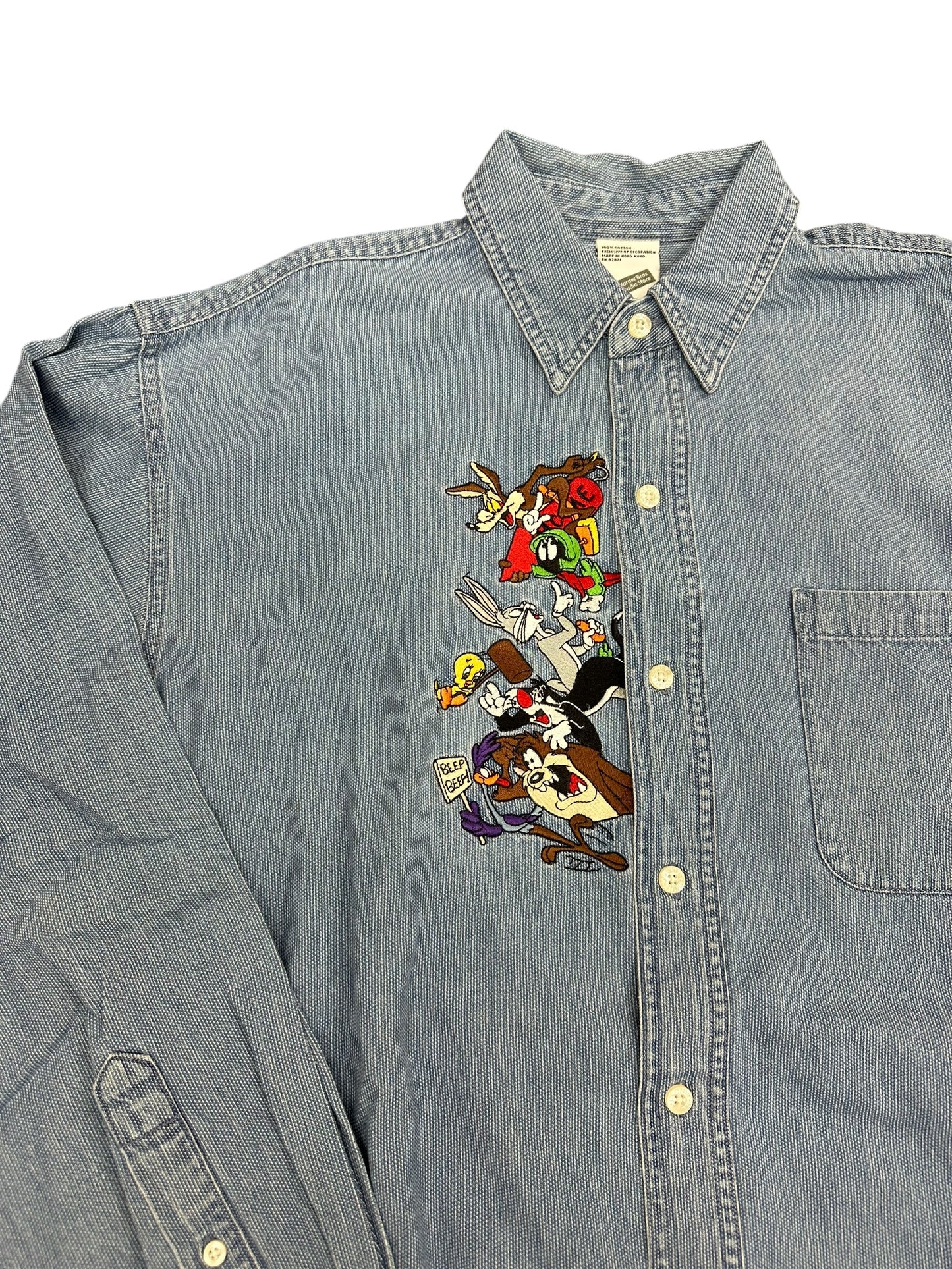 Vintage Warner Bros Looney Tunes Light Denim Embroidered Long-sleeve Button Up Size M