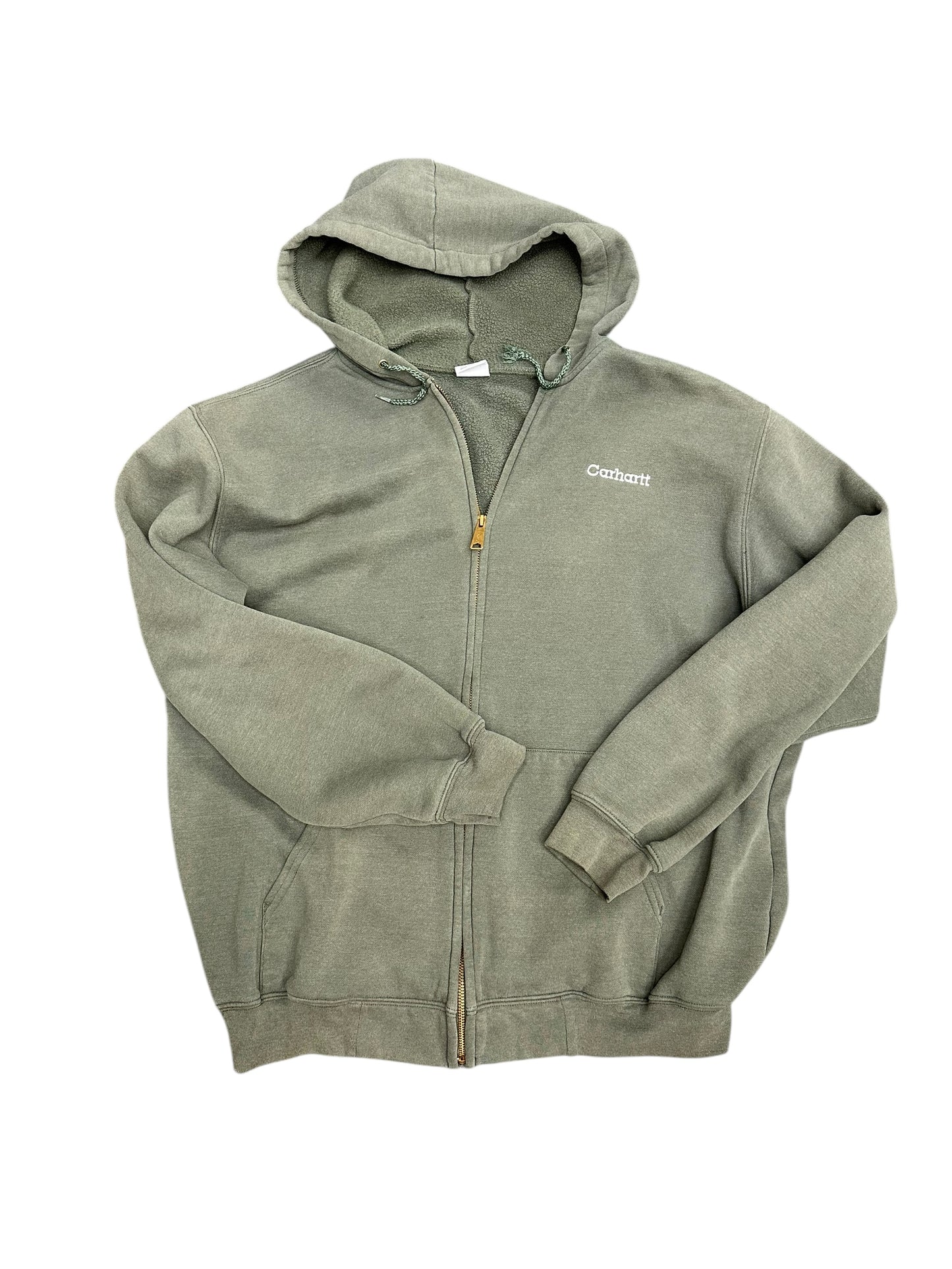 Carhartt Faded Green Embroidered Zip Up Drawstring Hoodie Sweatshirt Size L