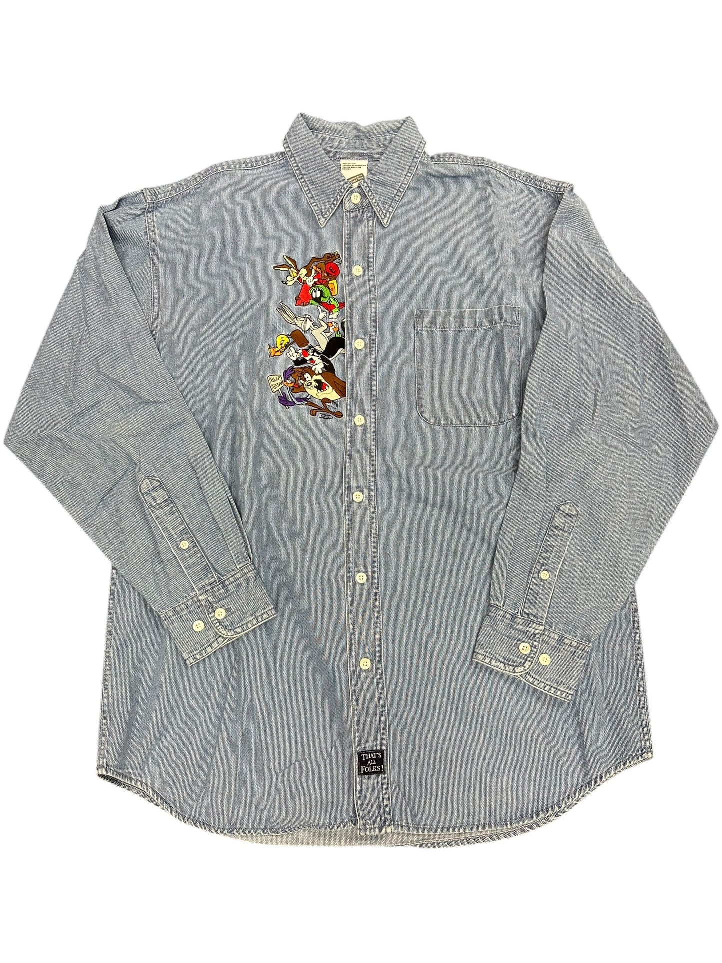 Vintage Warner Bros Looney Tunes Light Denim Embroidered Long-sleeve Button Up Size M