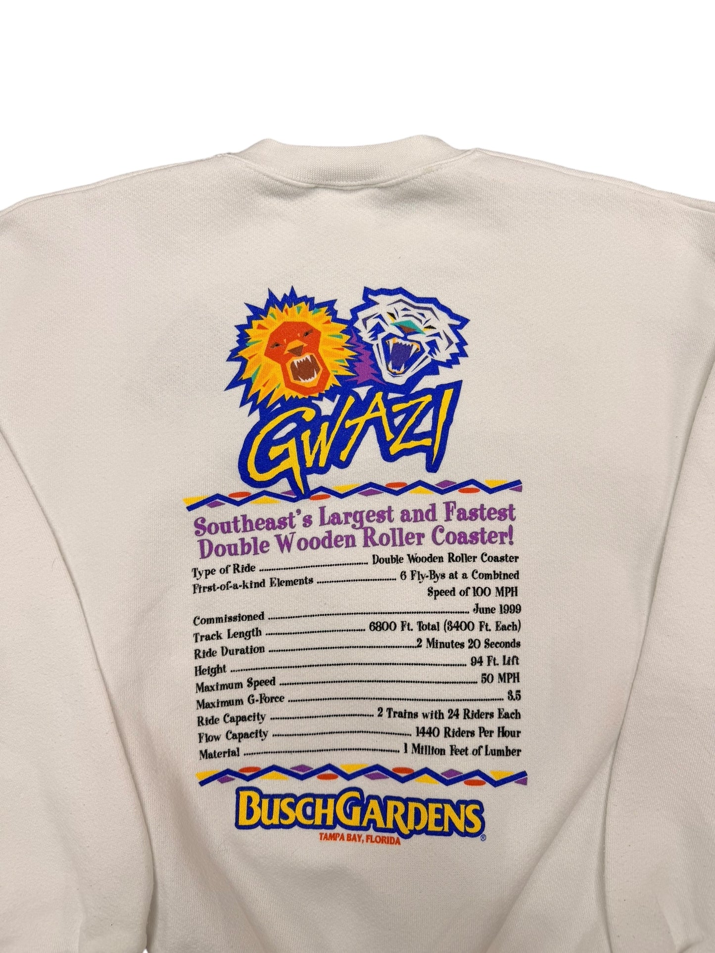 Vintage 90’s Busch Gardens Gwazi White Tultex Crewneck size Large