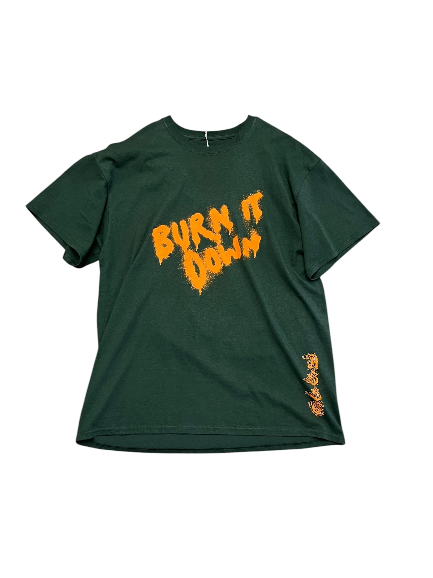 Anti Social Social Club 'BURN IT DOWN' Orange Font Forest Green Tee Size XL