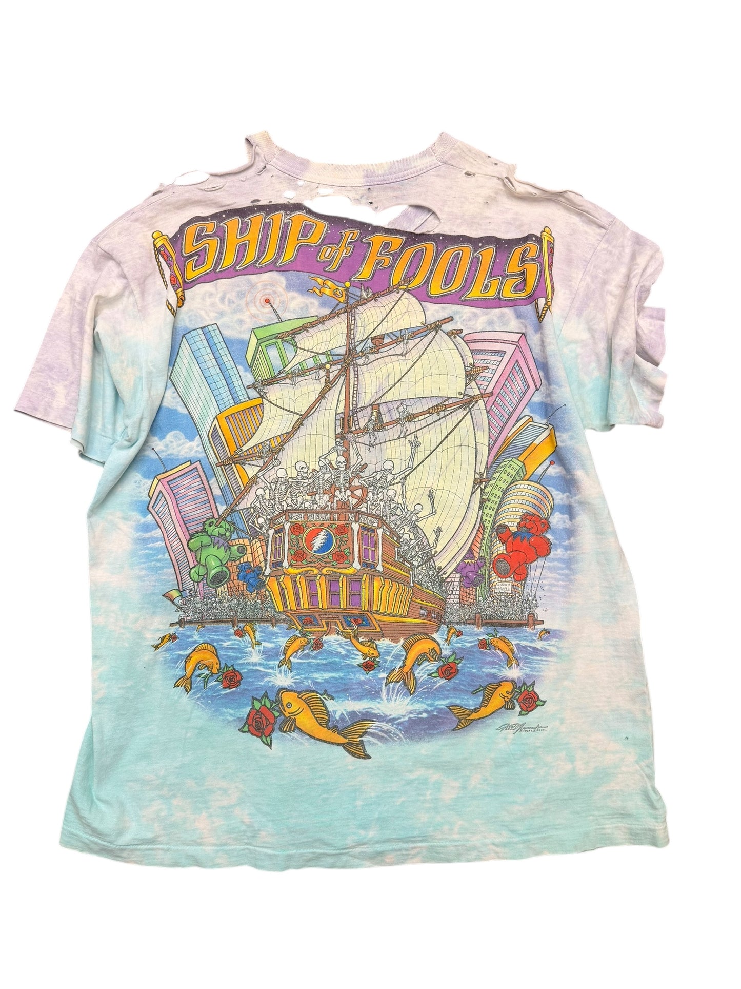 Vintage Liquid Blue Grateful Dead Ship of Fools Thrashed Band Tee Size XL