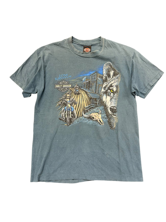 Vintage 1995 Harley Davidson Wolf 'Lone Survivor' Ocala FL Graphic Print Tee Size L