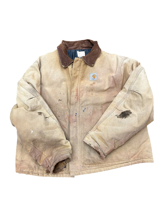Carhartt Heavily Distressed Khaki Full Zip Corduroy Collared Full Zip Jacket Size L/XL