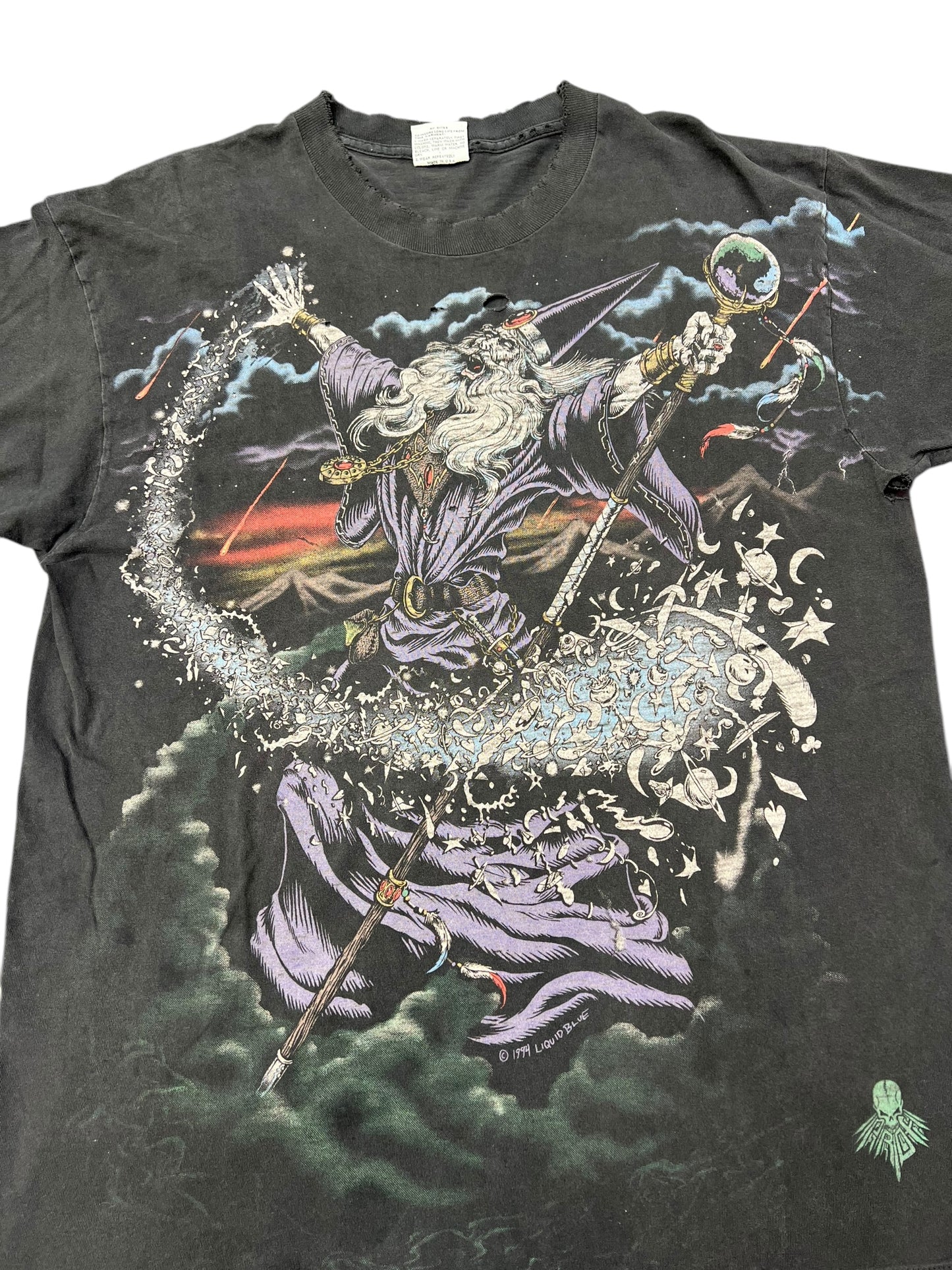 Vintage Wizard Liquid Blue 90s Thrashed Graphic Tee Size XL