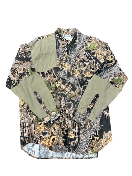 Vintage Columbia Woodland Camo w/Olive Green cut-n-sew Long Sleeved Button Up Shirt Size XL