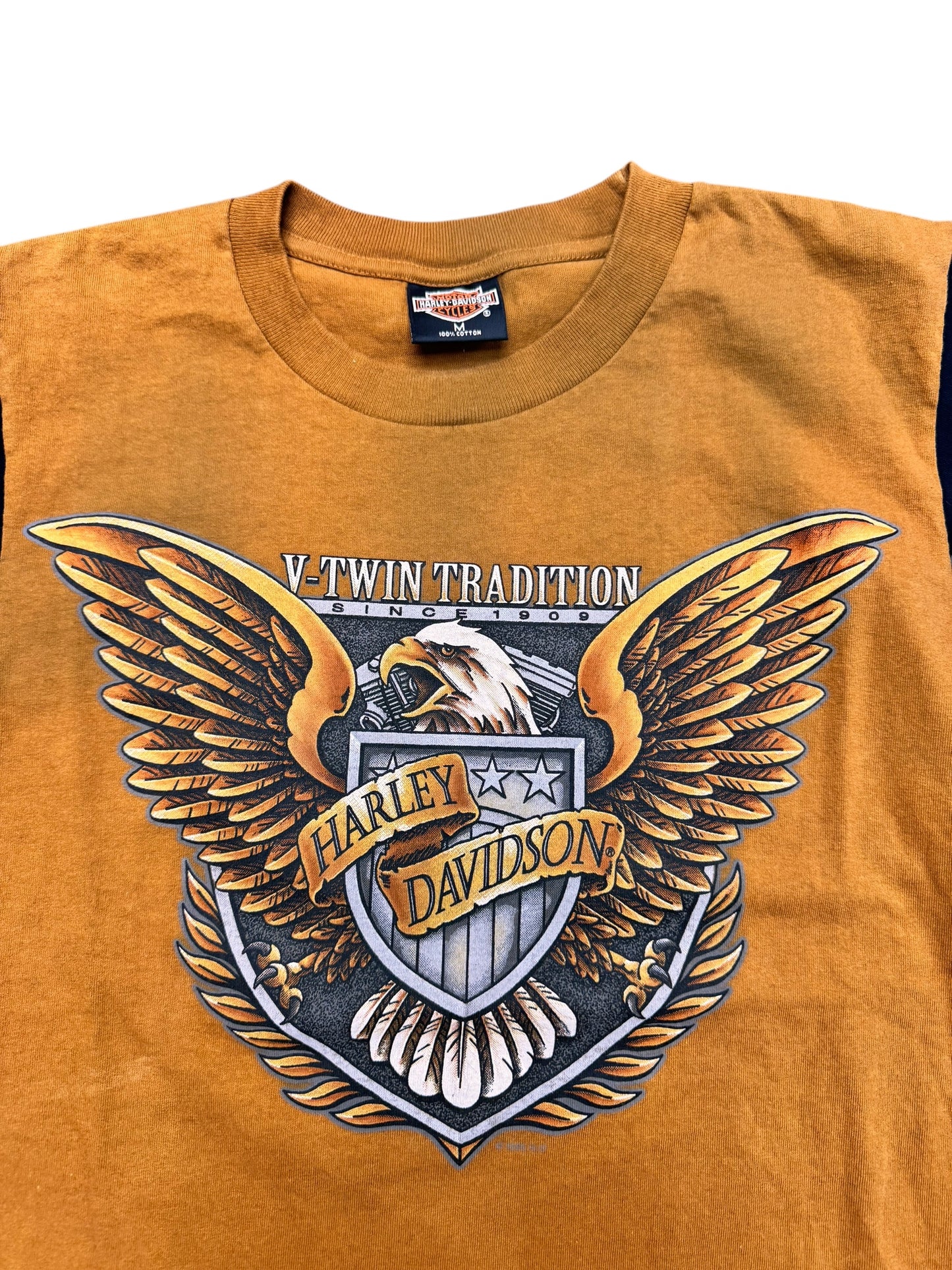 Vintage 90s Harley Davidson Aldo's V-Twin Tradition Brown W/Black Sleeves Tee Size M