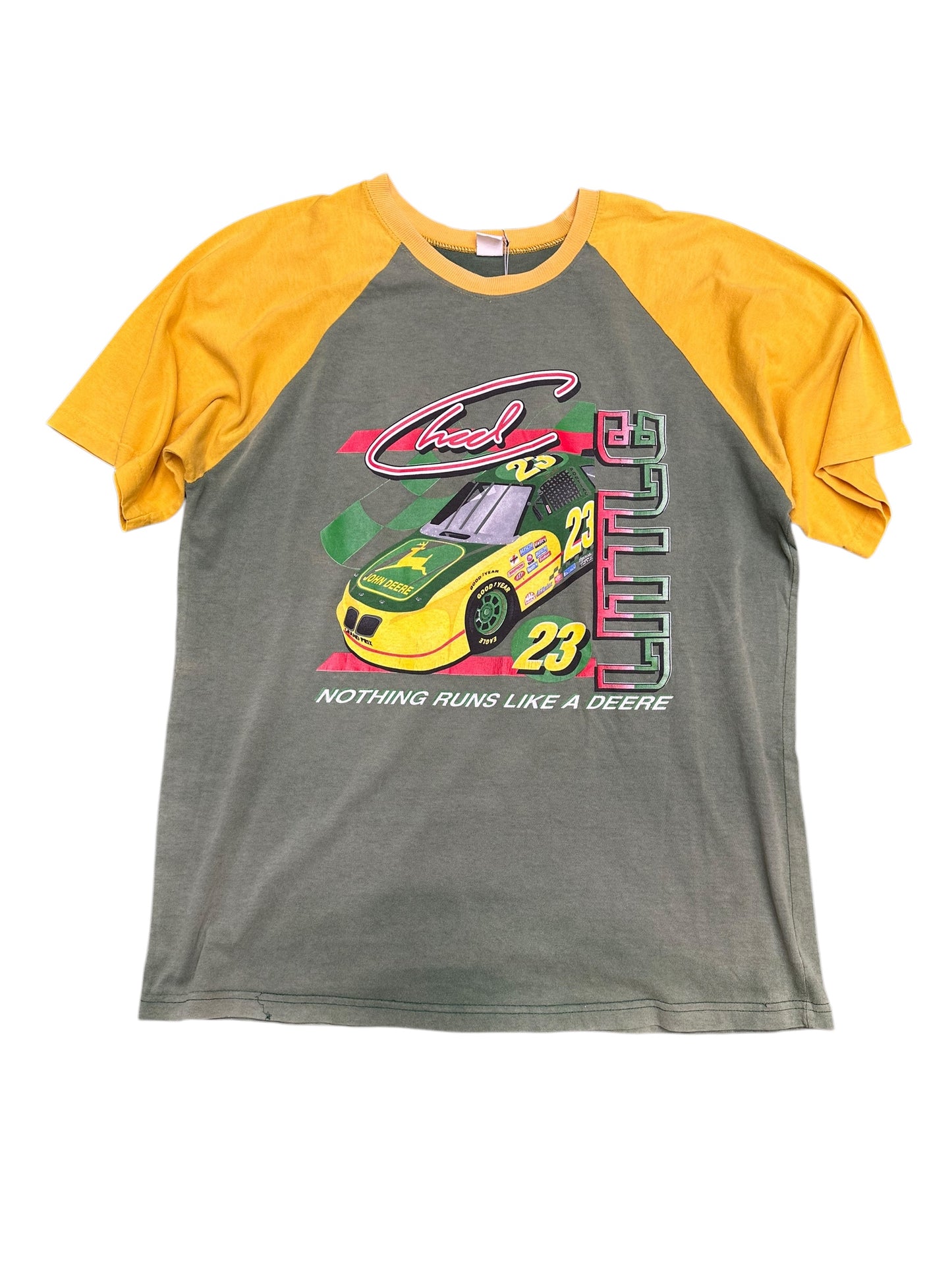 Vintage Chad Little John Deere Nothing Runs Like A Deere Ringer Style Nascar Tee Size XL