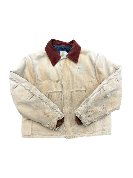 Vintage Carhartt DISTRESSED Detroit Style Light Tan w/Burgundy Corduroy Neckline Jacket Size XL