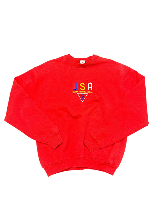 Vintage Guess International DISTRESSED BOOTLEG Embroidered Red Crewneck Size XL