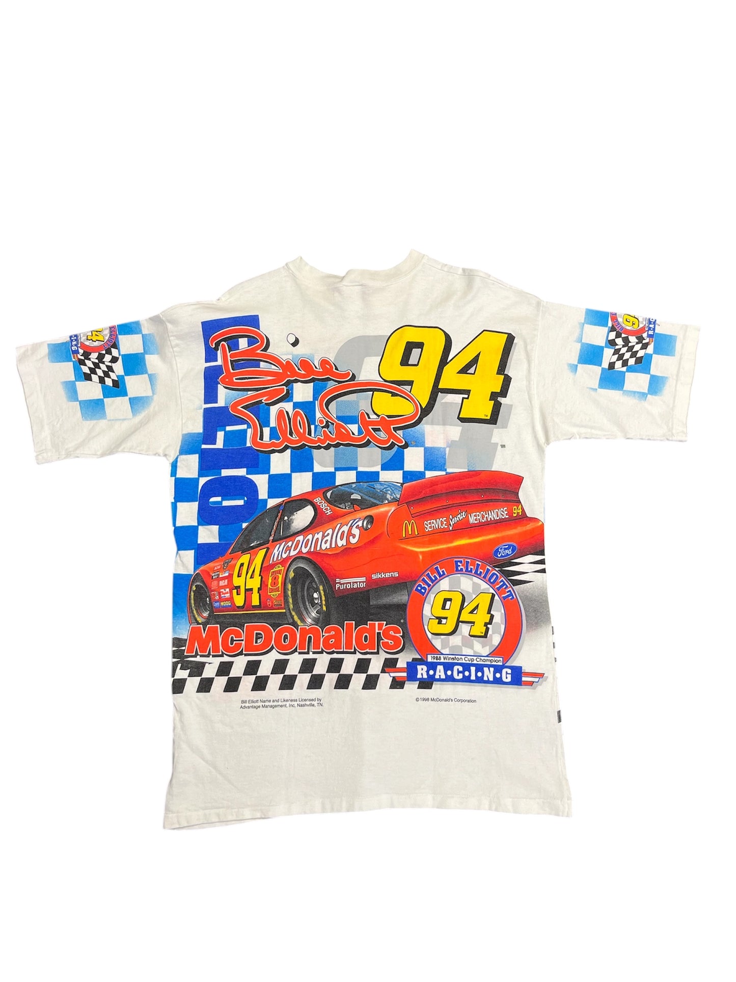 Vintage 1998 Nascar Bill Elliot McDonalds AOP Graphic Print Tee Size L