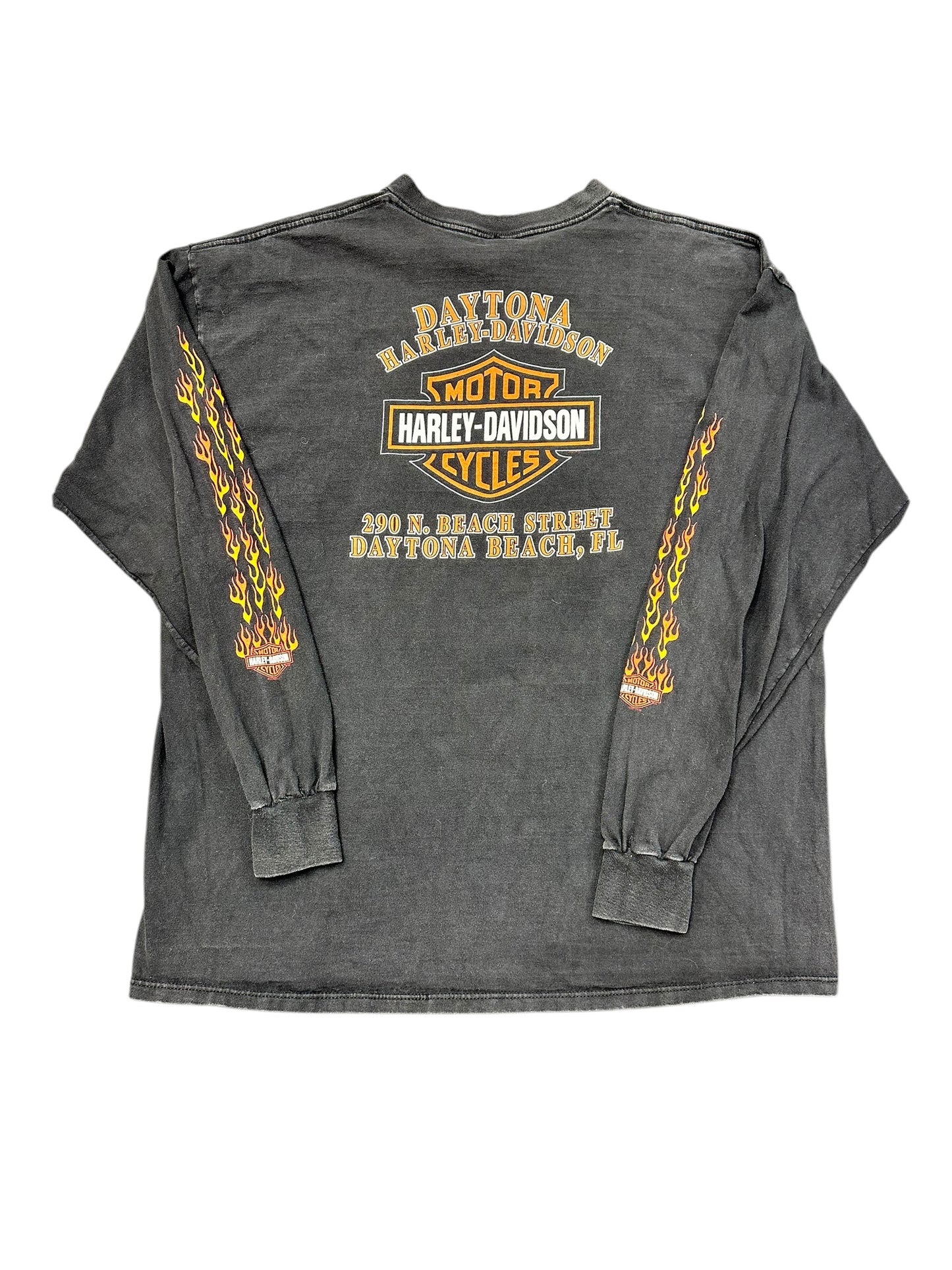 Vintage Harley Davidson Long Sleeve HD Logo and Flames on Sleeves Pocket Tee Size XXL
