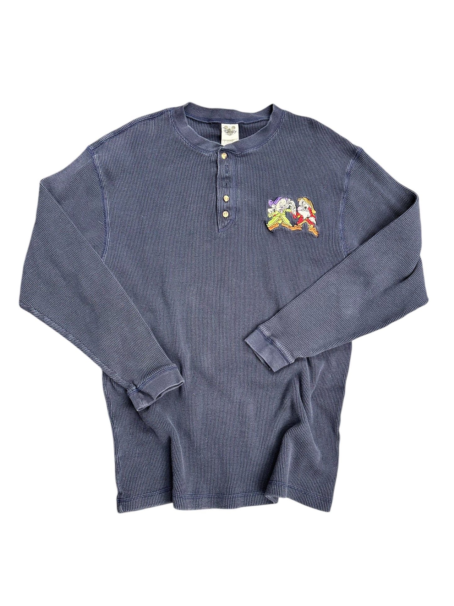 Vintage 90s Disney Snow White Seven Dwarves Embroidered Navy Thermal Long Sleeve Shirt Size