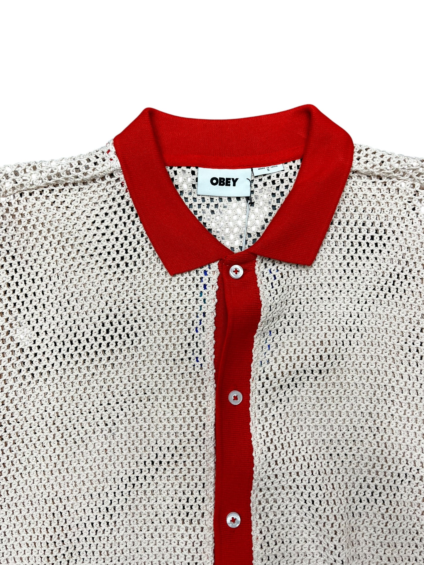 OBEY Pink Mesh Knit w/Orange Trim Button Up Shirt Size S