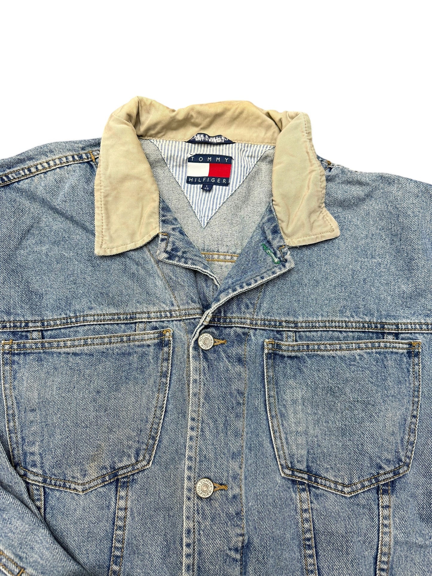 Vintage 90s Tommy Hilfiger Light Denim Detroit Style Patch Denim Jacket Size L