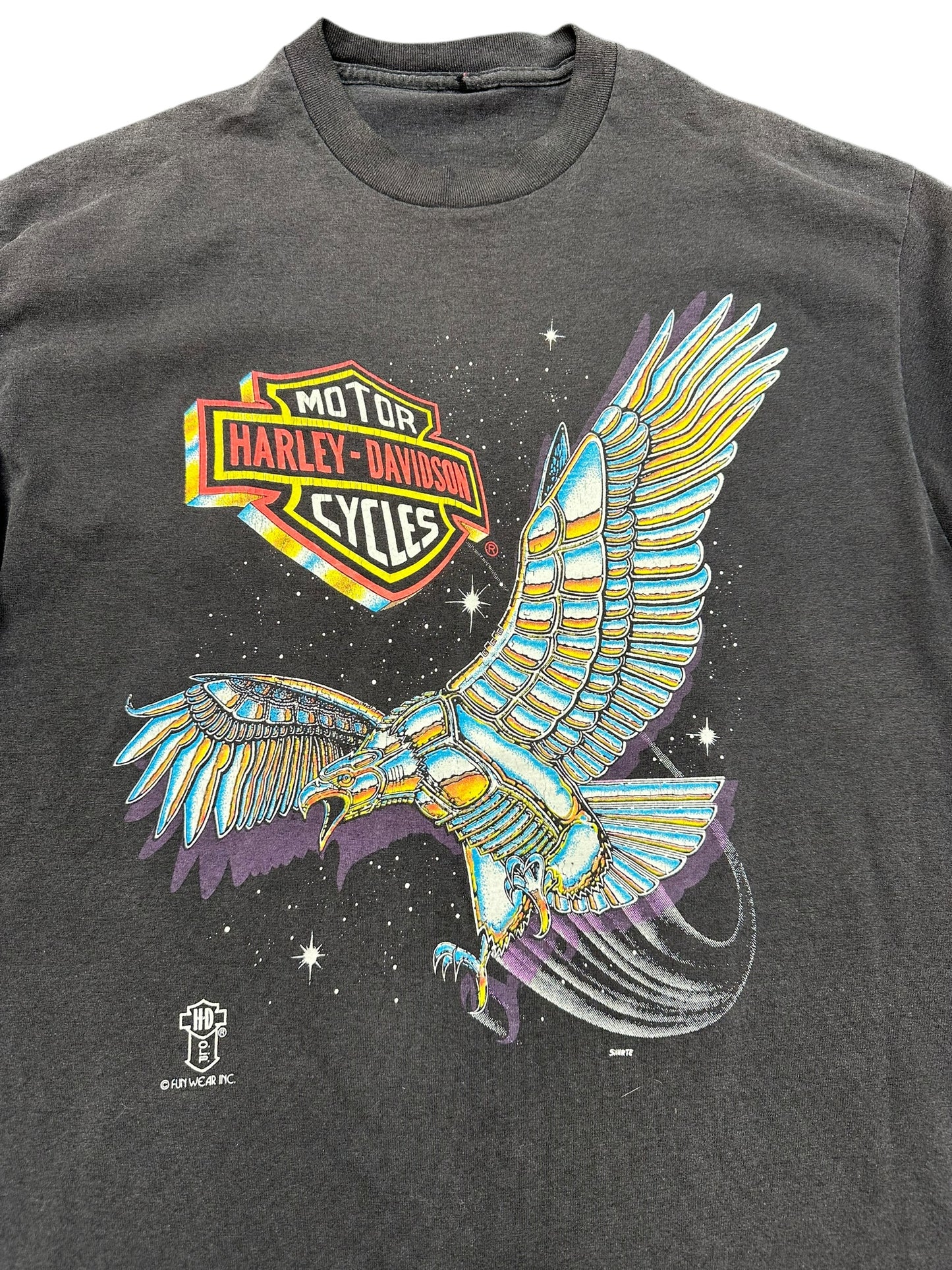 Vintage 80s Harley Davidson 3D Emblem Metal Eagle Night Sky Graphic Tee Size L