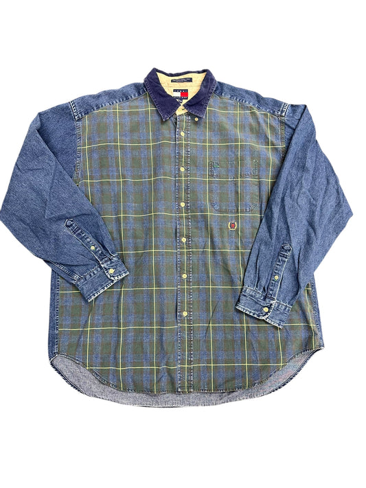 Vintage Tommy Hilfiger Plaid Green Crest Corduroy Button Down Long Sleeve Size XL
