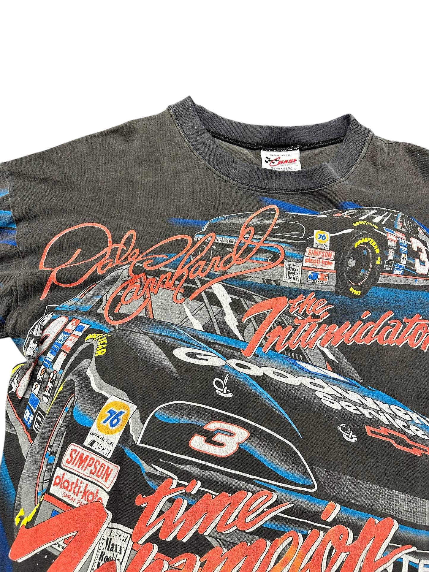 Vintage 90s Thrashed Dale Earnhardt Six Time Champion Faded AOP Tee Size L