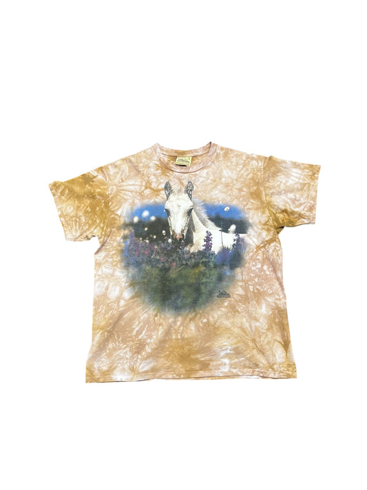Vintage 1999 The Mountain White Horse Floral Print Acid Wash Tee Size L