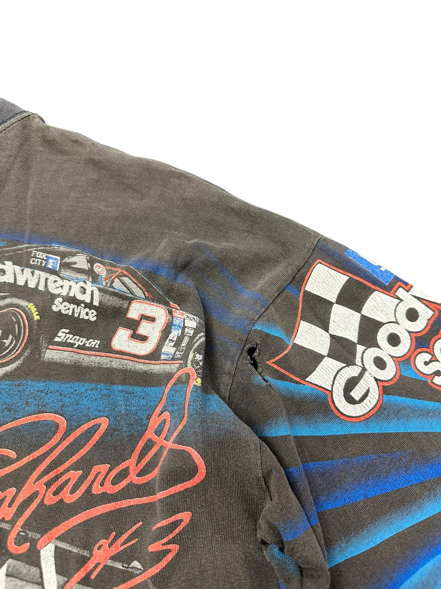 Vintage 90s Thrashed Dale Earnhardt Six Time Champion Faded AOP Tee Size L