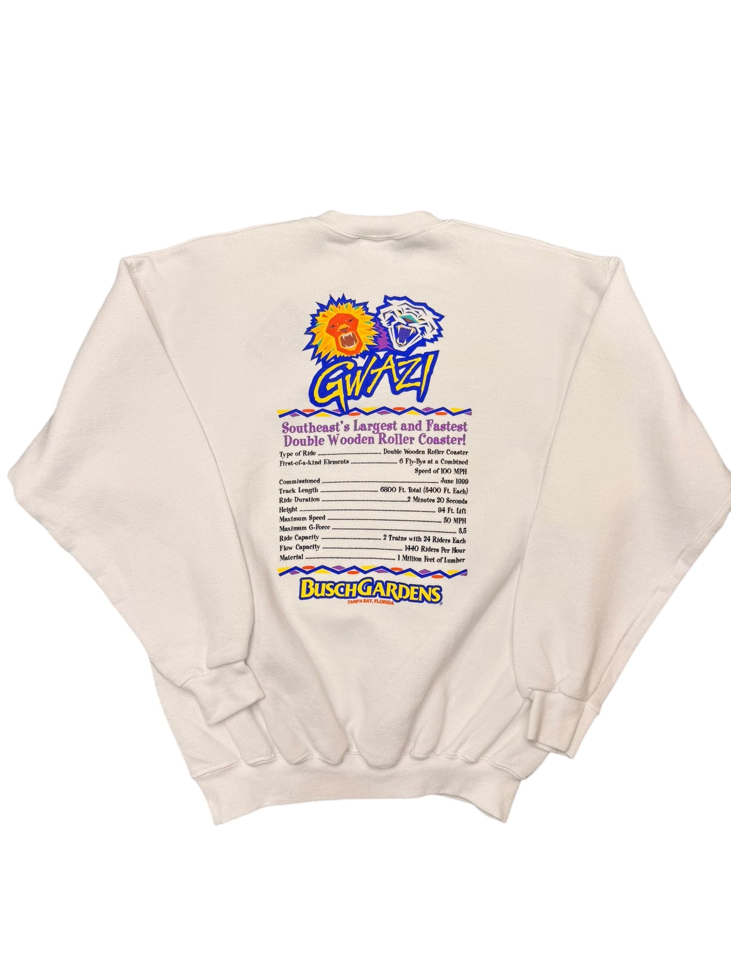 Vintage 90’s Busch Gardens Gwazi White Tultex Crewneck size Large