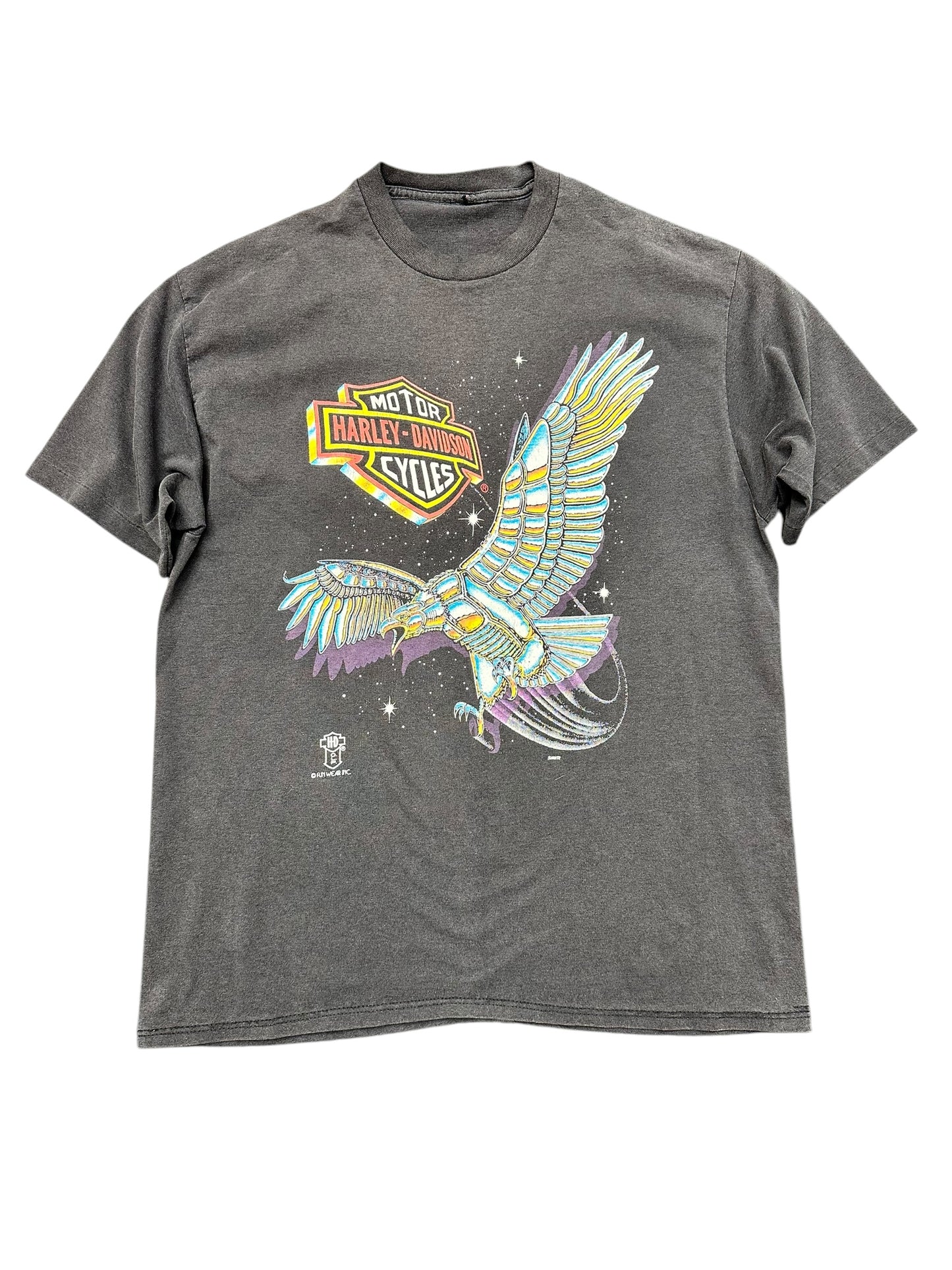 Vintage 80s Harley Davidson 3D Emblem Metal Eagle Night Sky Graphic Tee Size L