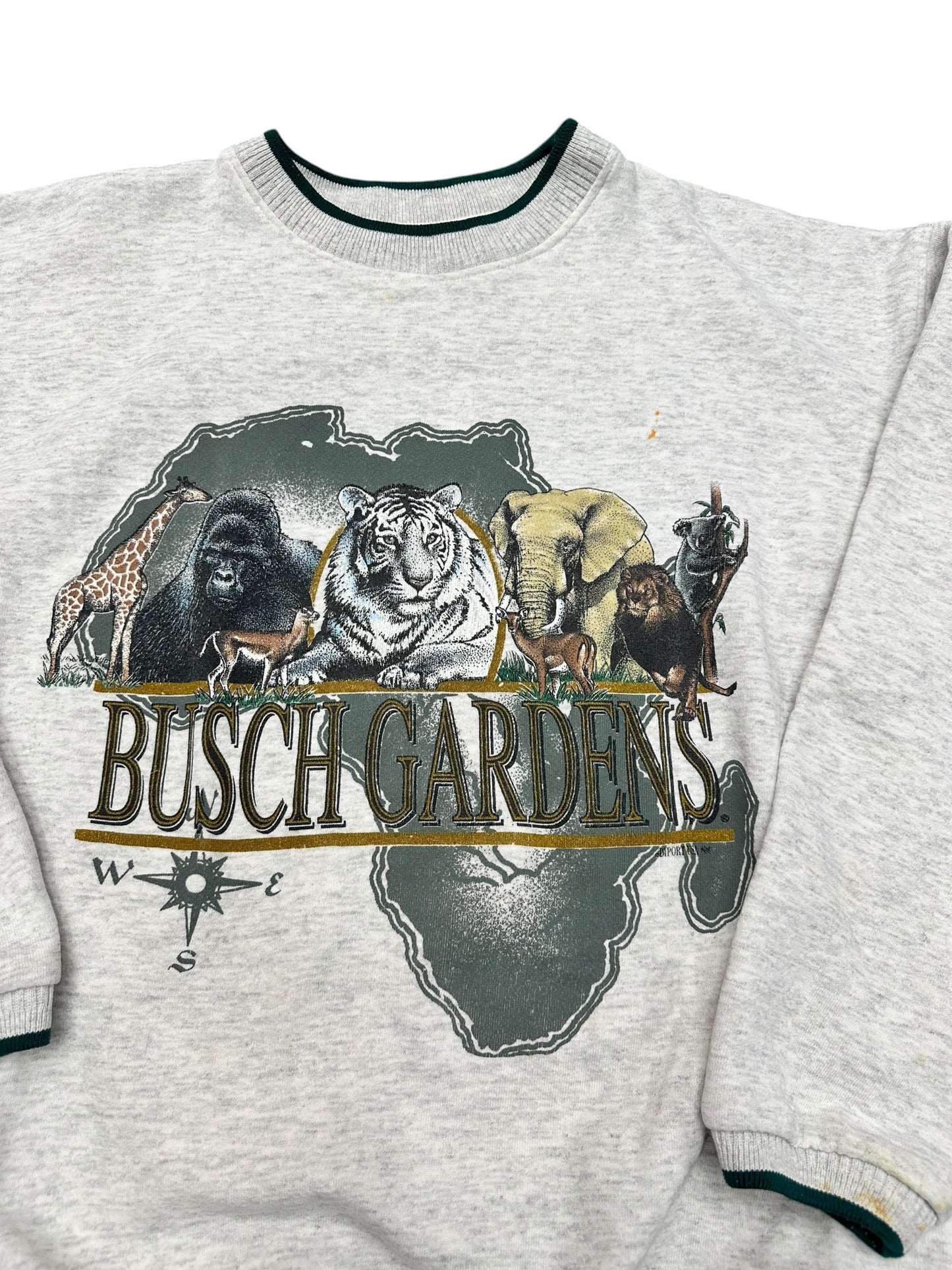 Vintage 90s Busch Gardens Grey/Green Africa and Nature/Animals Graphic Print Crewneck Sweatshirt Size XL