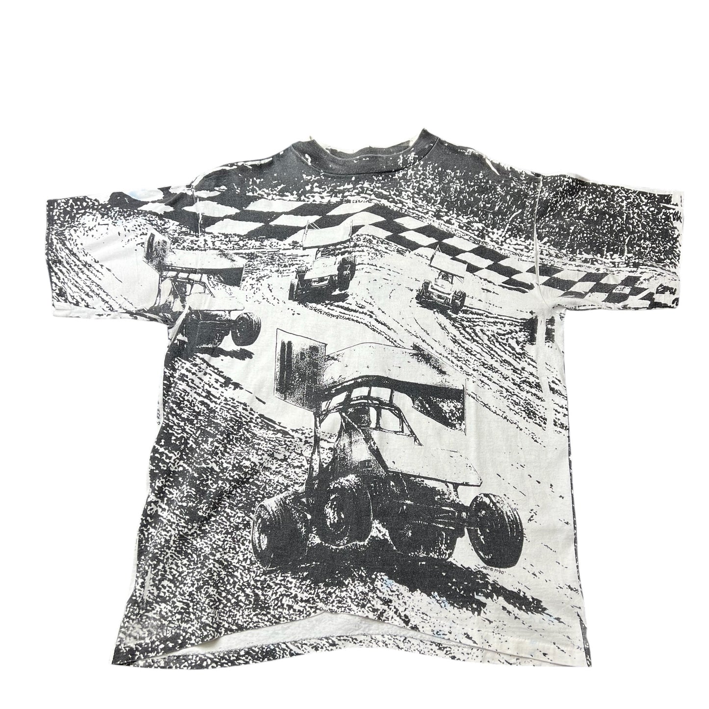 Vintage 90s Black & White Indy Car AOP Tee Size L/XL