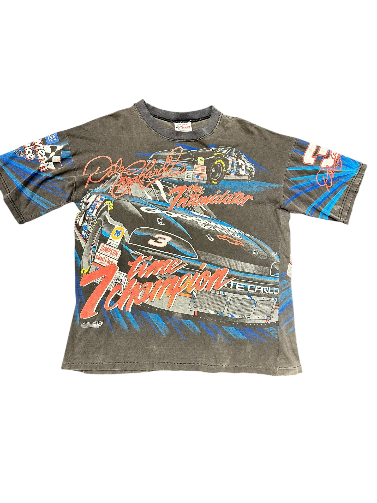 Vintage 90s Thrashed Dale Earnhardt Six Time Champion Faded AOP Tee Size L