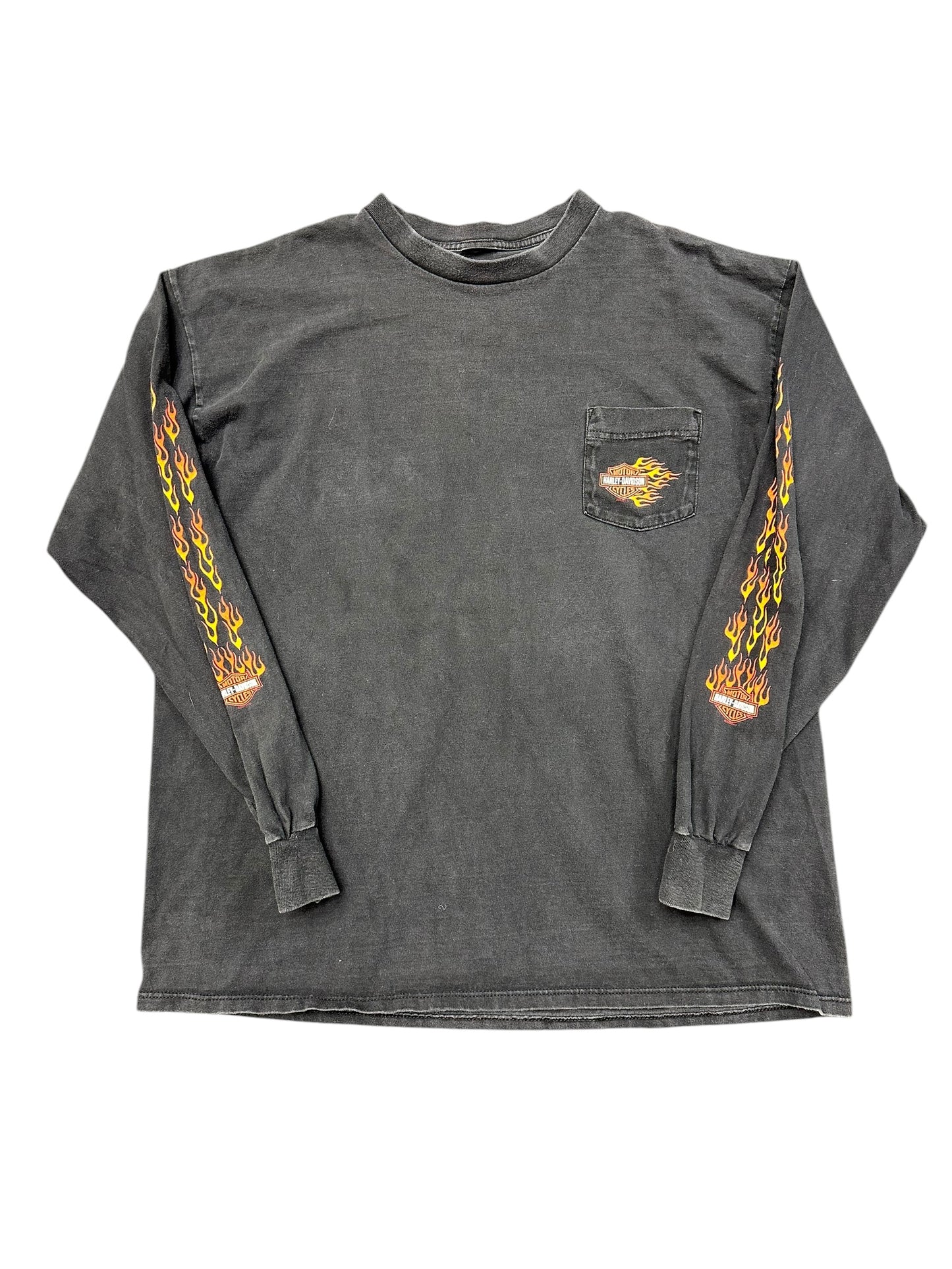 Vintage Harley Davidson Long Sleeve HD Logo and Flames on Sleeves Pocket Tee Size XXL