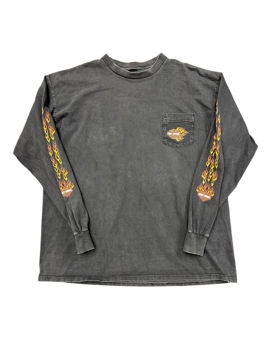 Vintage Harley Davidson Long Sleeve HD Logo and Flames on Sleeves Pocket Tee Size XXL