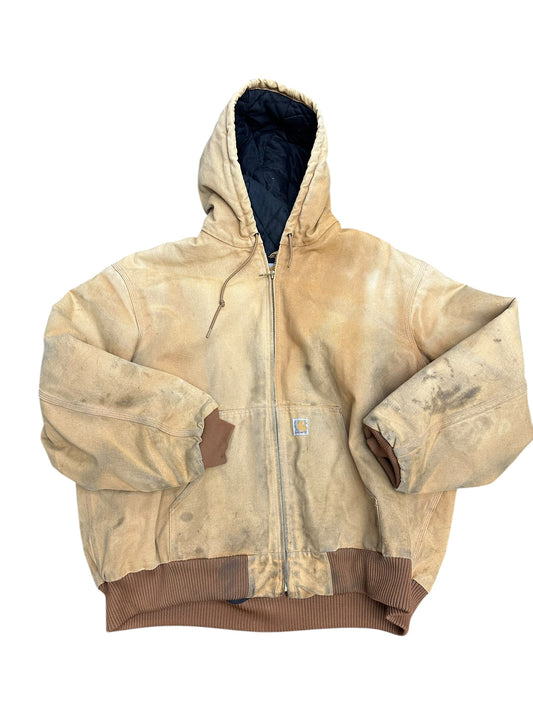 Vintage Carhartt Distressed Khaki W/Brown Trim Zip Up Hooded Workwear Jacket Size 3XL