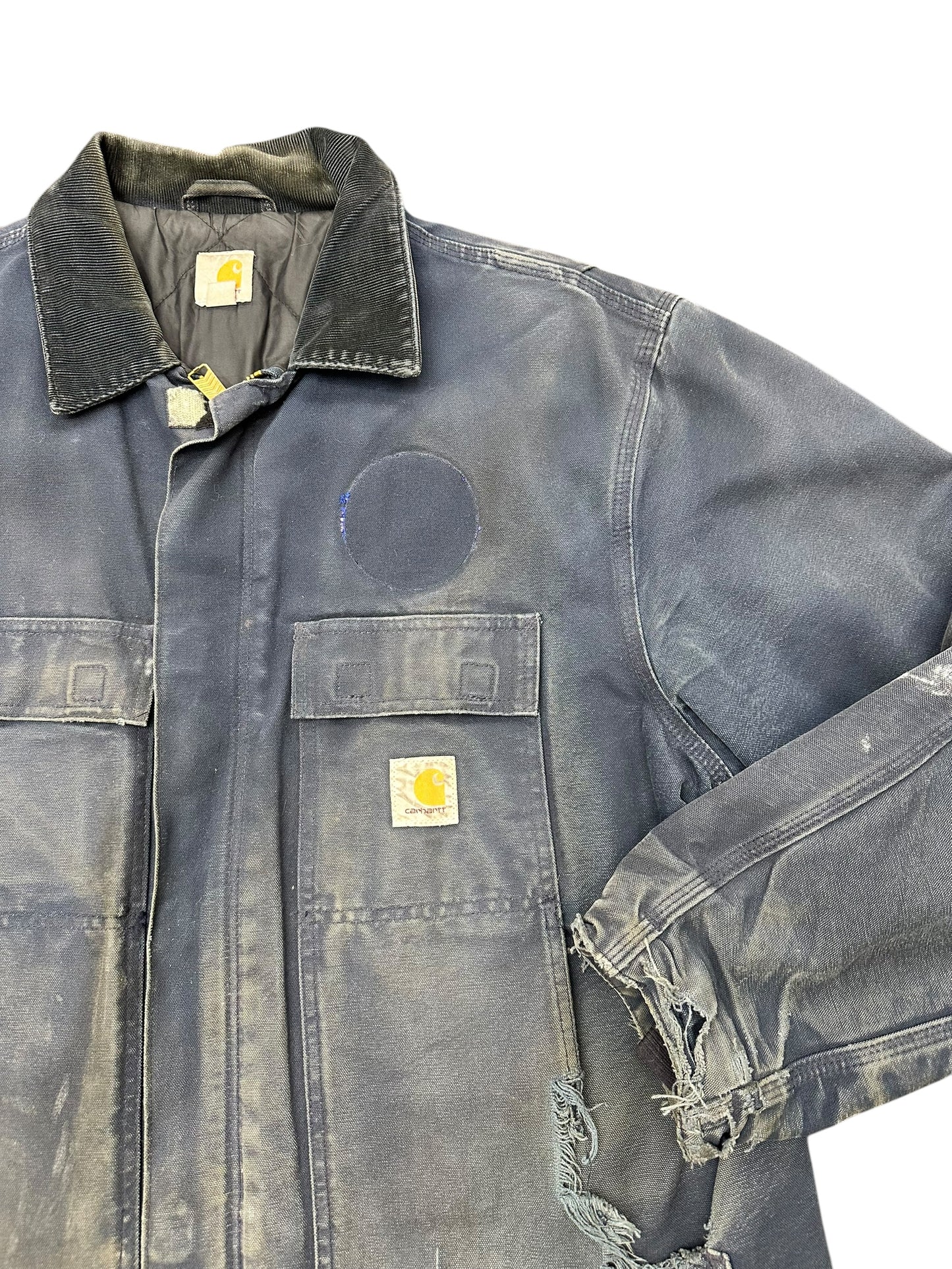 Carhartt Navy Duster Heavy Distressed Corduroy Collar Full Zip Jacket Size XL