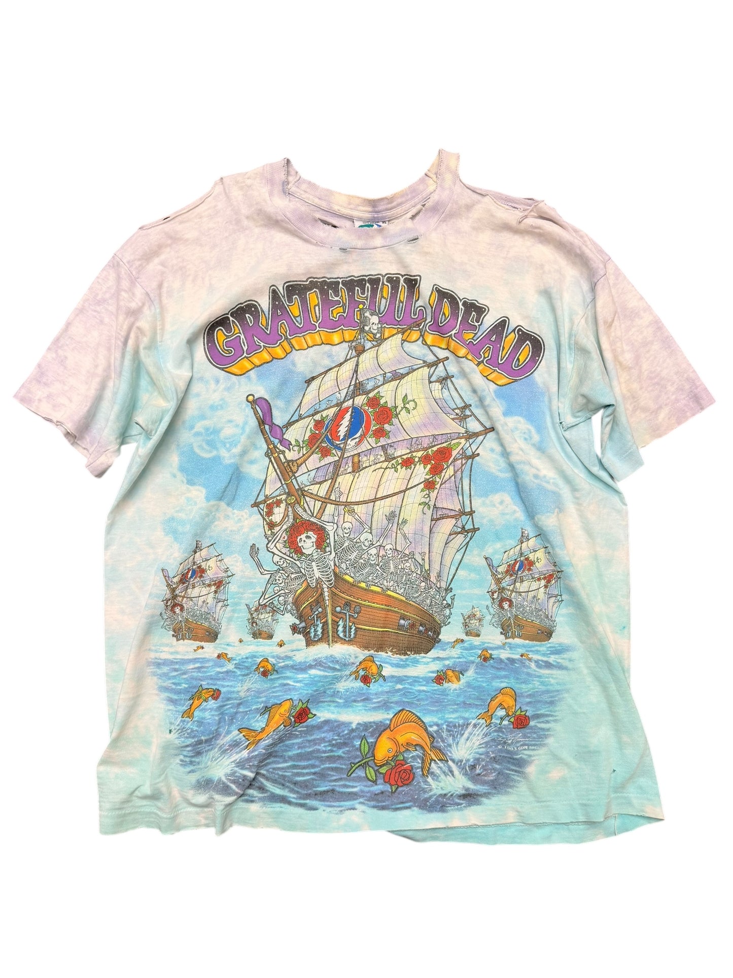 Vintage Liquid Blue Grateful Dead Ship of Fools Thrashed Band Tee Size XL