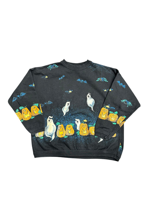 Vintage 90s Halloween Ghost and Pumpkin Graphic Print Crewneck Sweatshirt Size XL