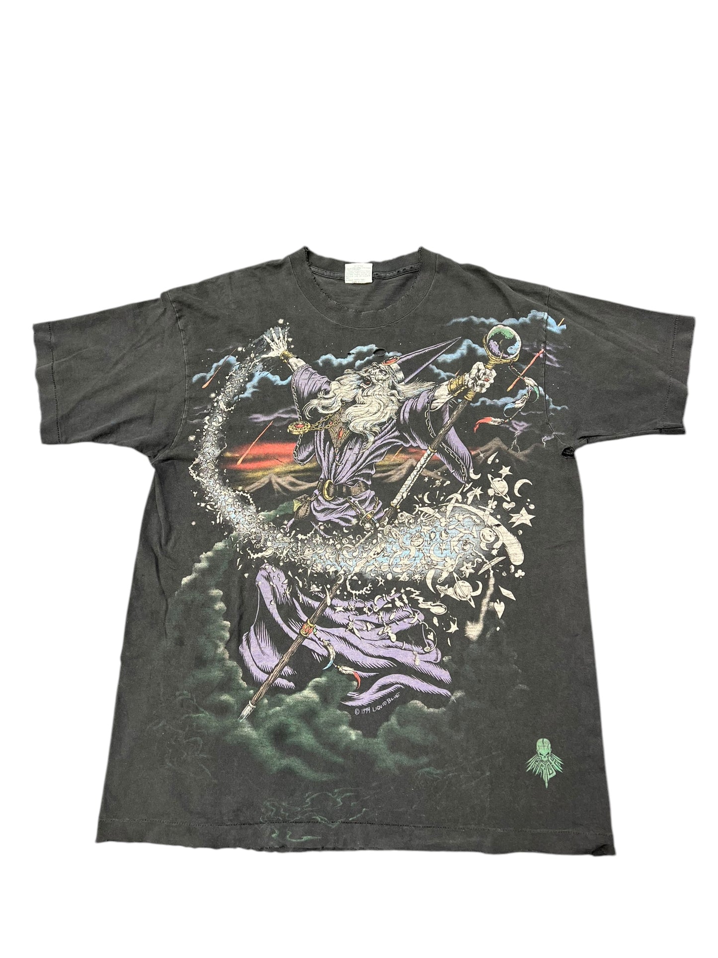Vintage Wizard Liquid Blue 90s Thrashed Graphic Tee Size XL
