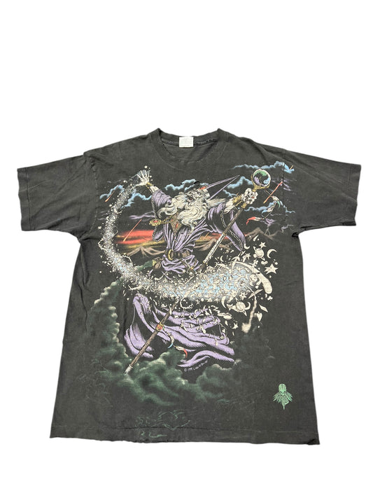 Vintage Wizard Liquid Blue 90s Thrashed Graphic Tee Size XL
