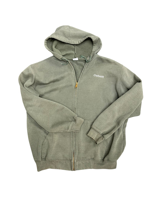 Carhartt Faded Green Embroidered Zip Up Drawstring Hoodie Sweatshirt Size L