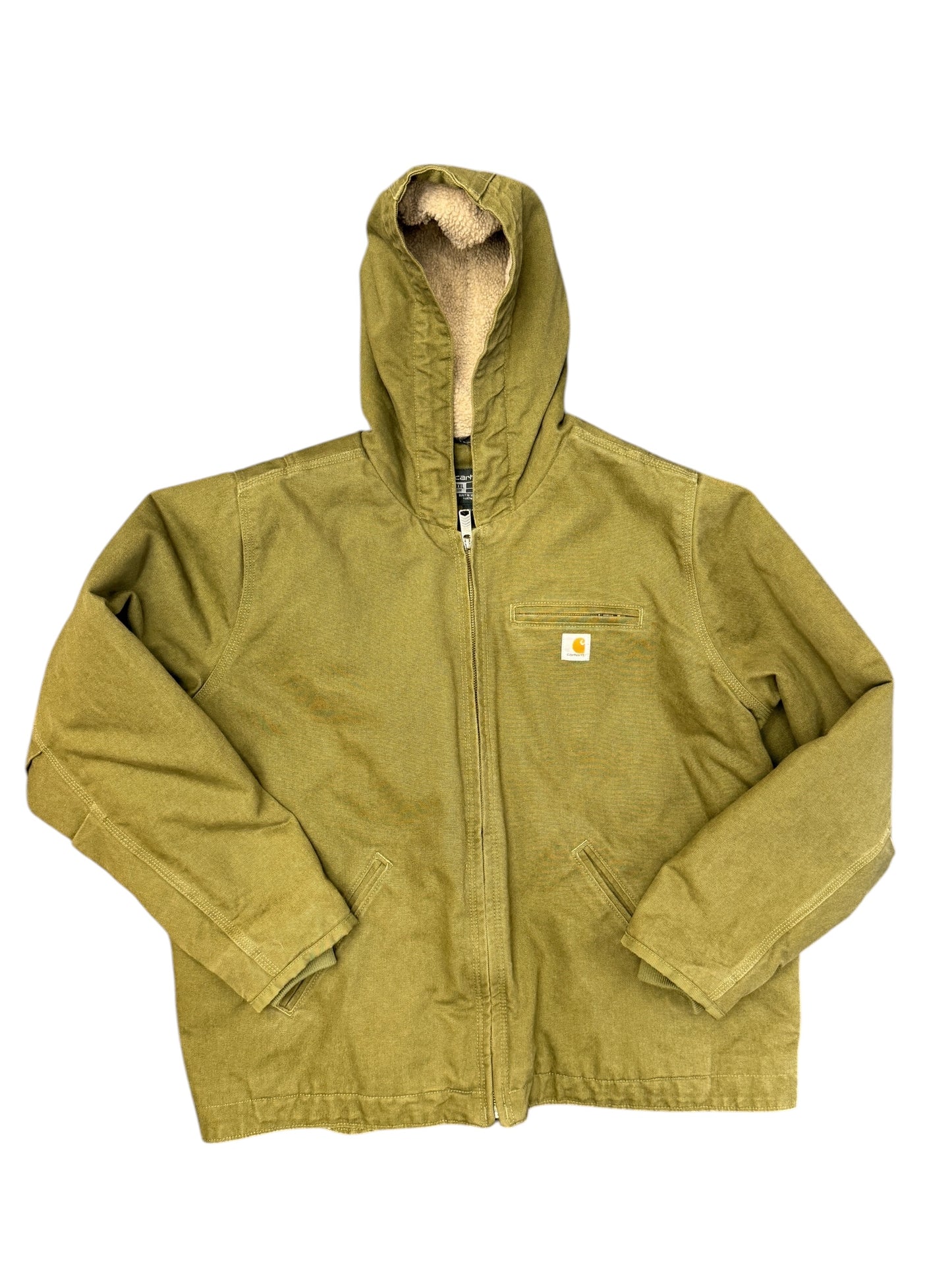 Retro Carhartt Light Green Fleece Lined Hooded Canvas Jacket Size XXL