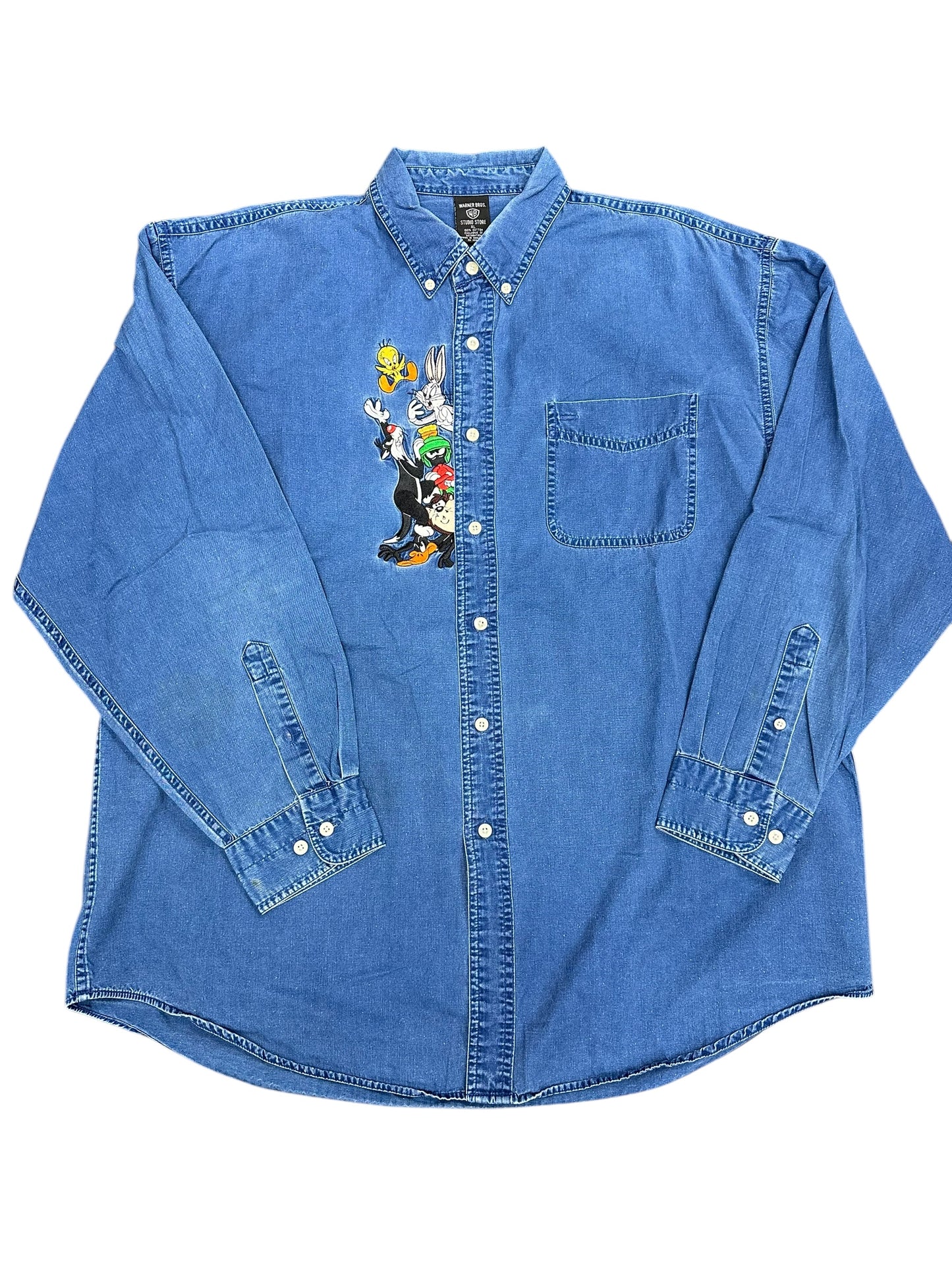 Vintage Warner Bros Looney Tunes Embroidered Light Denim Button Down Size XL