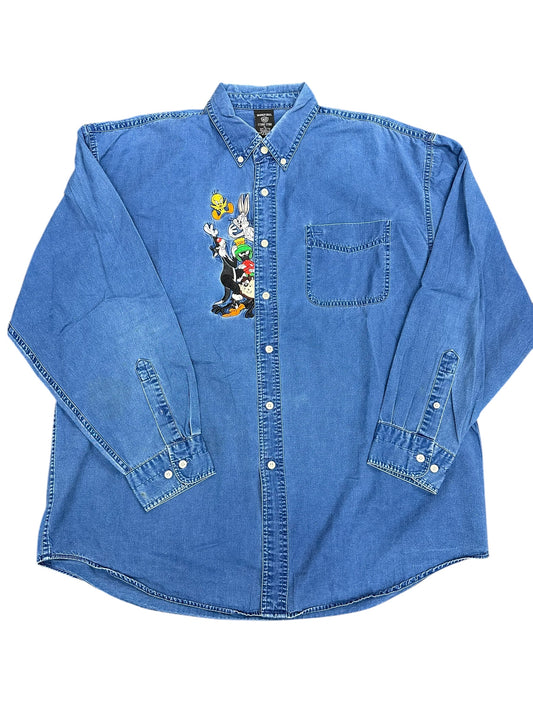 Vintage Warner Bros Looney Tunes Embroidered Light Denim Button Down Size XL