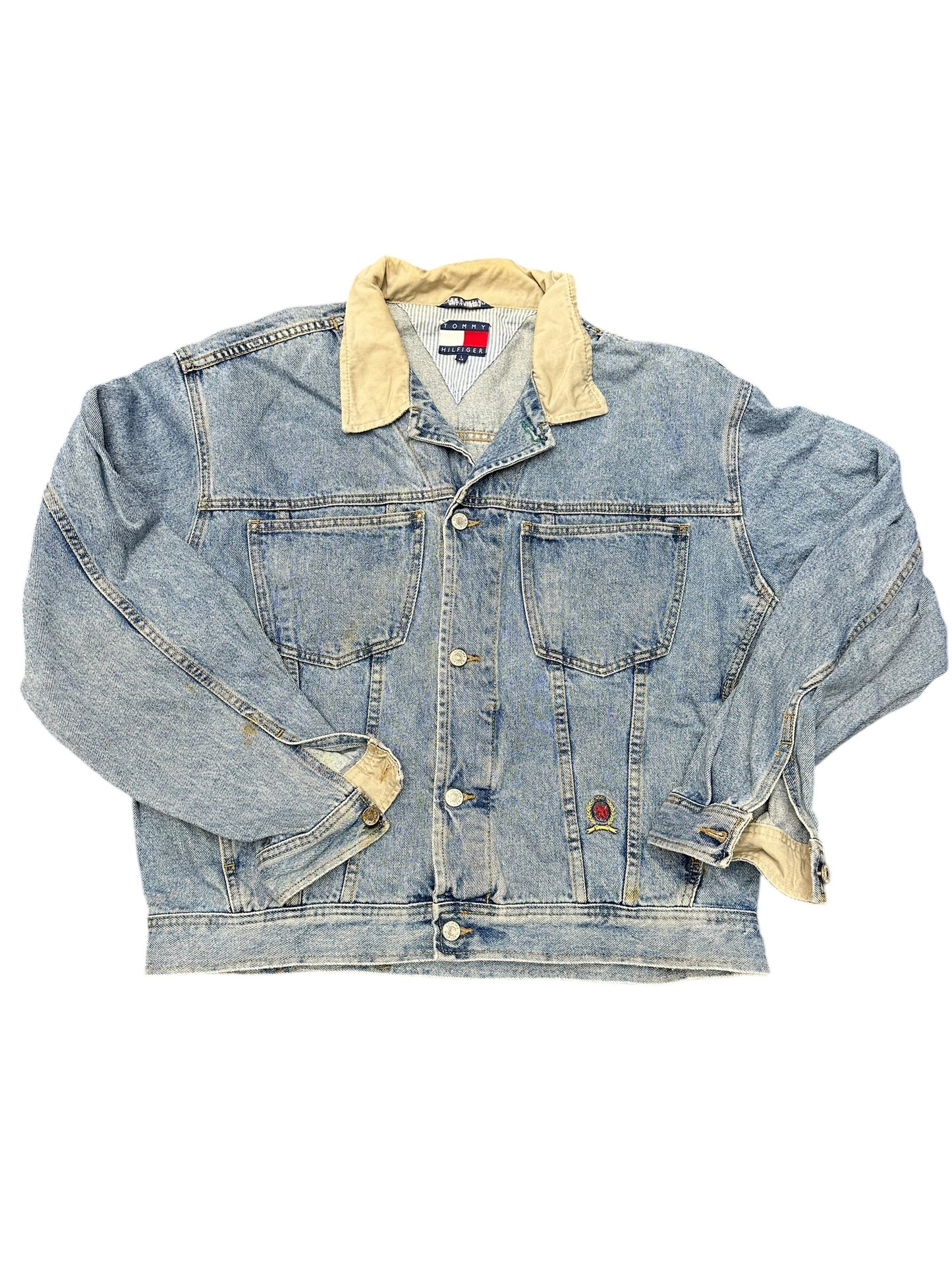 Vintage 90s Tommy Hilfiger Light Denim Detroit Style Patch Denim Jacket Size L