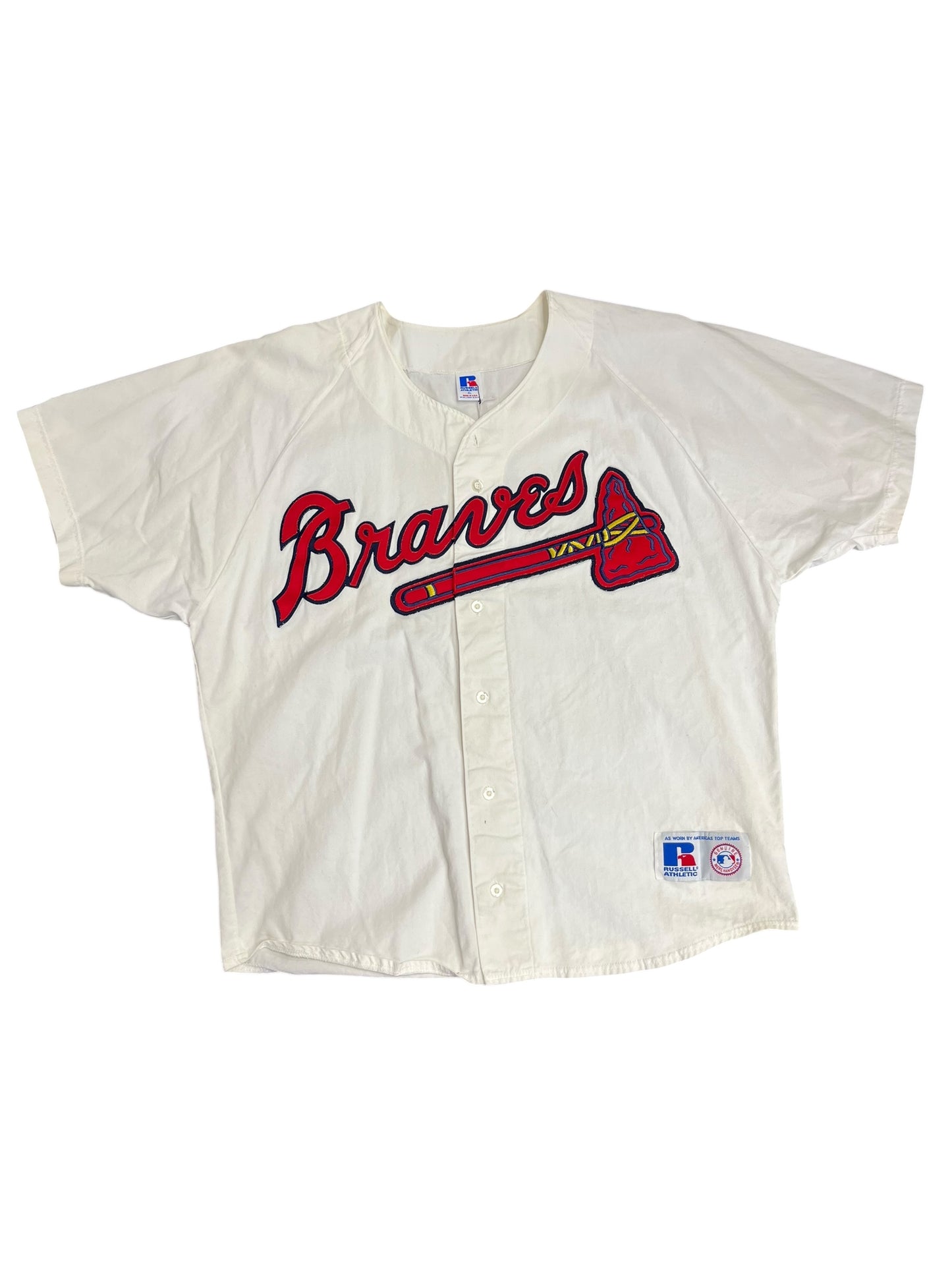 Vintage MLB Russell Athletic Atlanta Braves Button Up Logo Patch Jersey Size XL