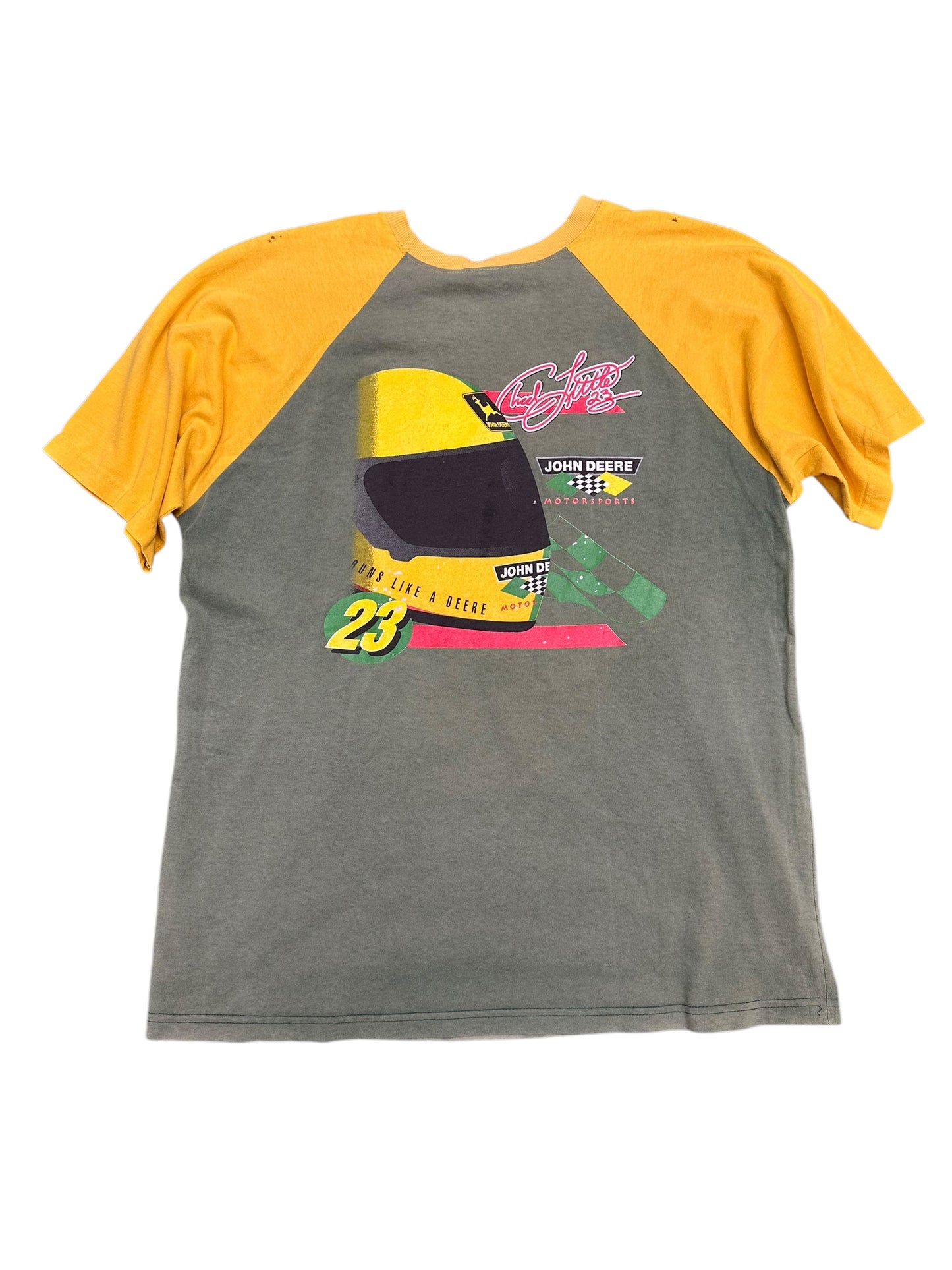 Vintage Chad Little John Deere Nothing Runs Like A Deere Ringer Style Nascar Tee Size XL